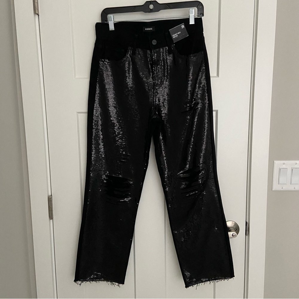 Express Black Sequin Front Straight Ankle High Rise Raw Hen Jeans Size 2R NWT
